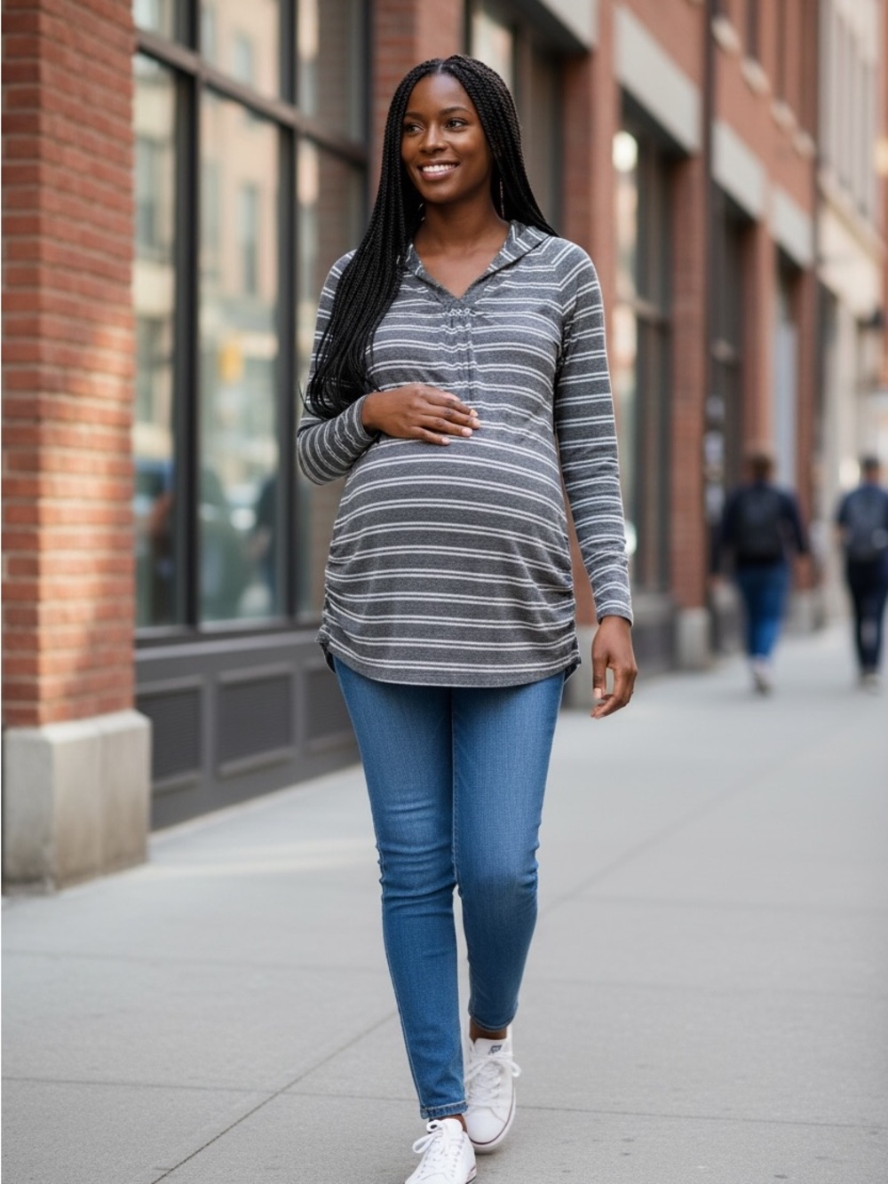 Liz Lange Maternity Striped Hooded Long Sleeve Nursing Size Small Shirt - Gray